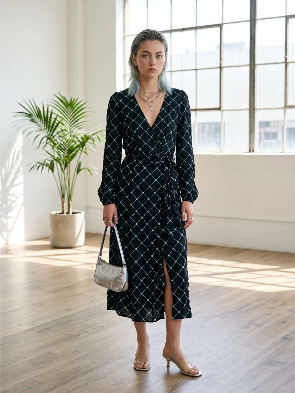 Ahiri Dark Blue Grid Print Long Sleeve Midi Wrap Dress - Small